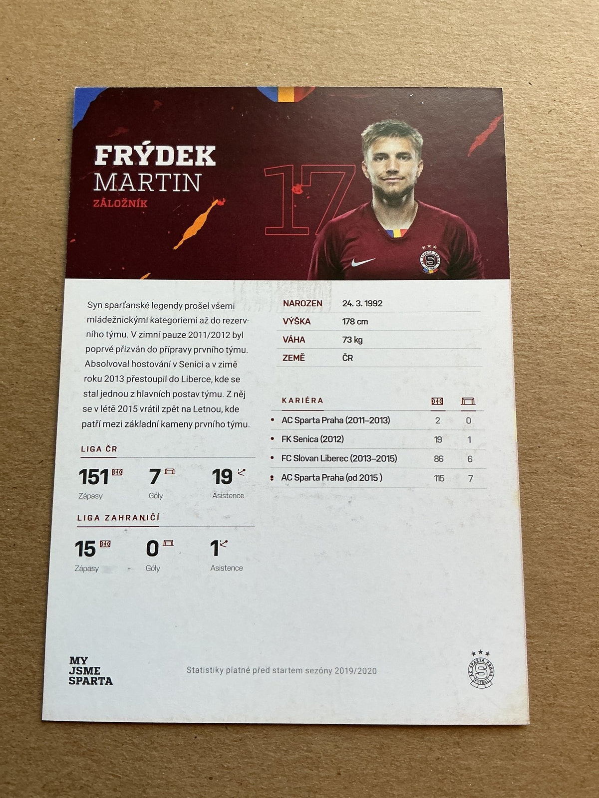 Martin Frýdek, Czech Republic 🇨🇿 AC Sparta Prague 2019/20 hand signed - Autographs-World
