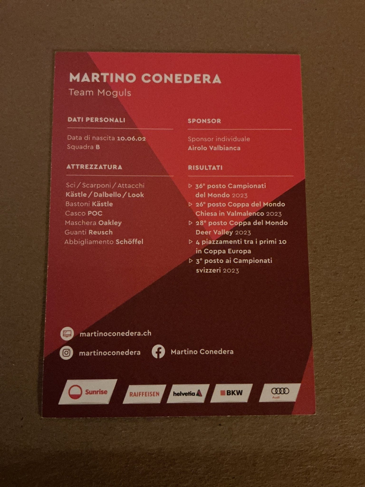 Martino Conedera, Switzerland 🇨🇭 Skiboard 2023/24 hand signed - Autographs-World