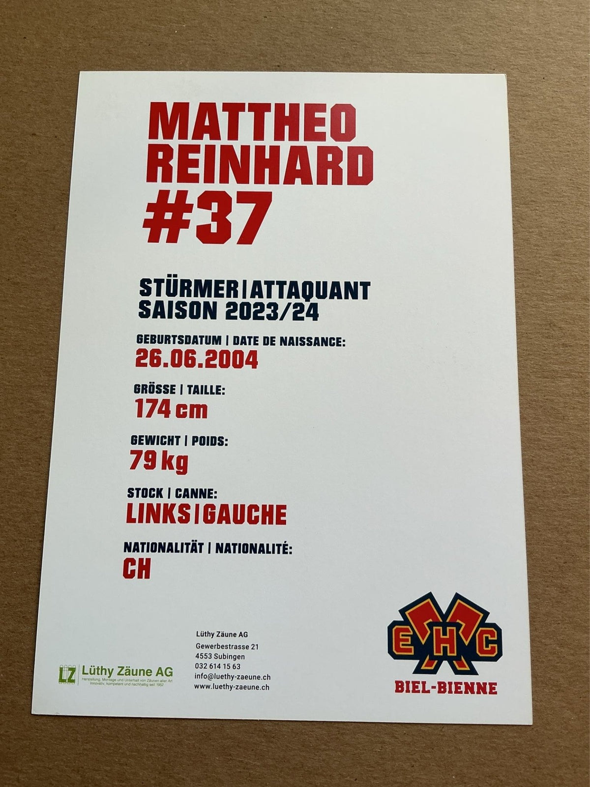 Matteo Reinhard, Switzerland 🇨🇭 EHC Biel-Bienne 2023/24 hand signed - Autographs-World
