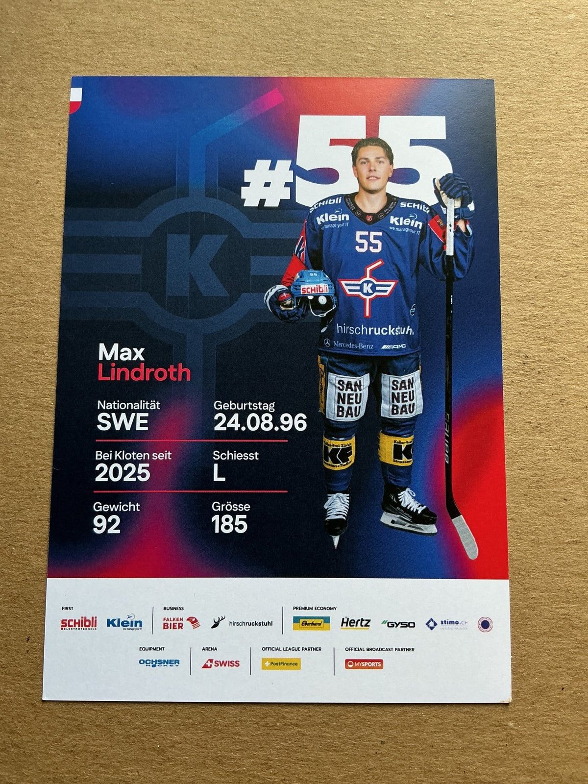 Max Lindroth, Sweden 🇸🇪 EHC Kloten 2025/26 hand signed - Autographs-World