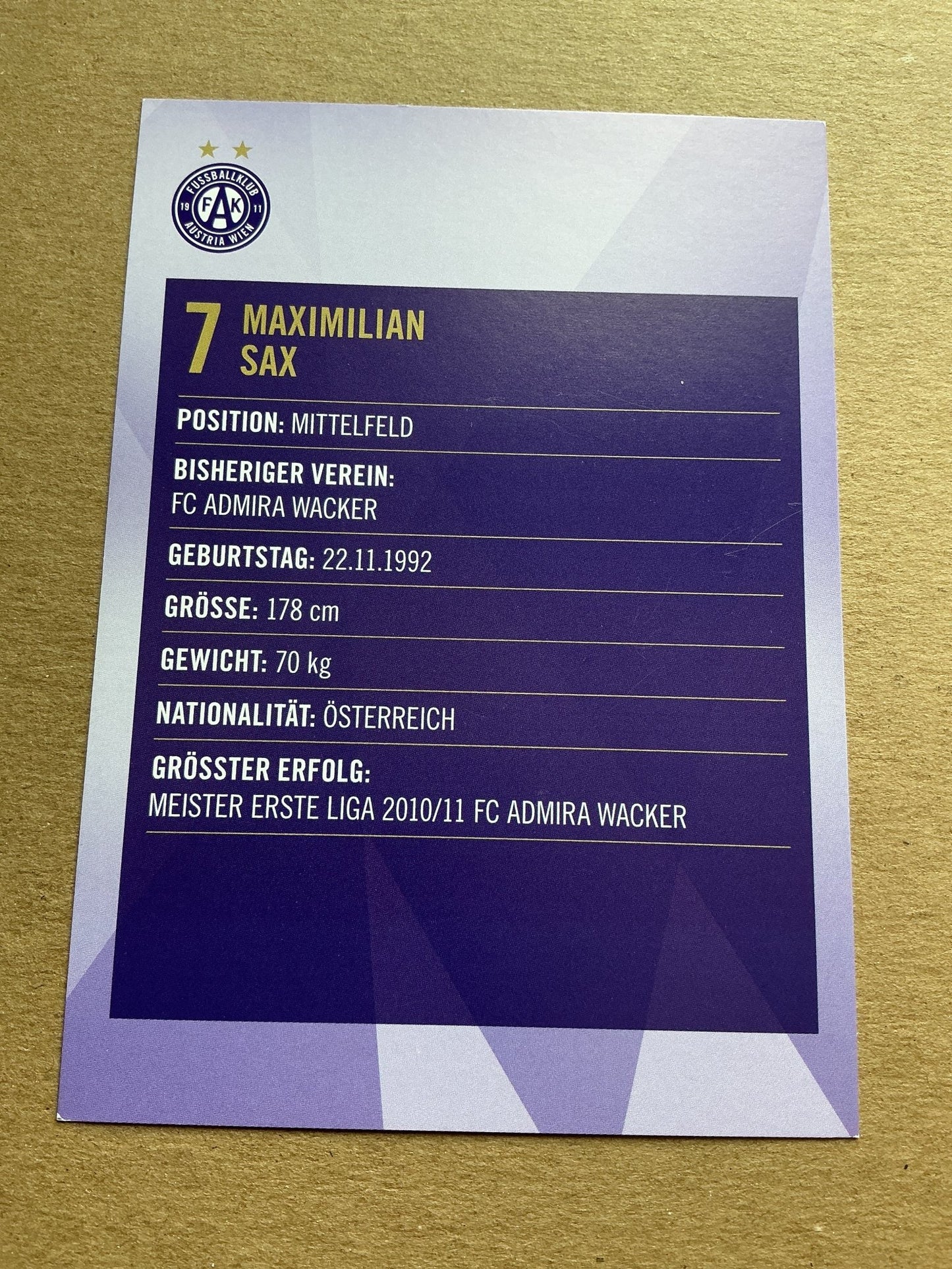 Maximilian Sax, Austria 🇦🇹 Austria Wien 2019/20 hand signed - Autographs-World