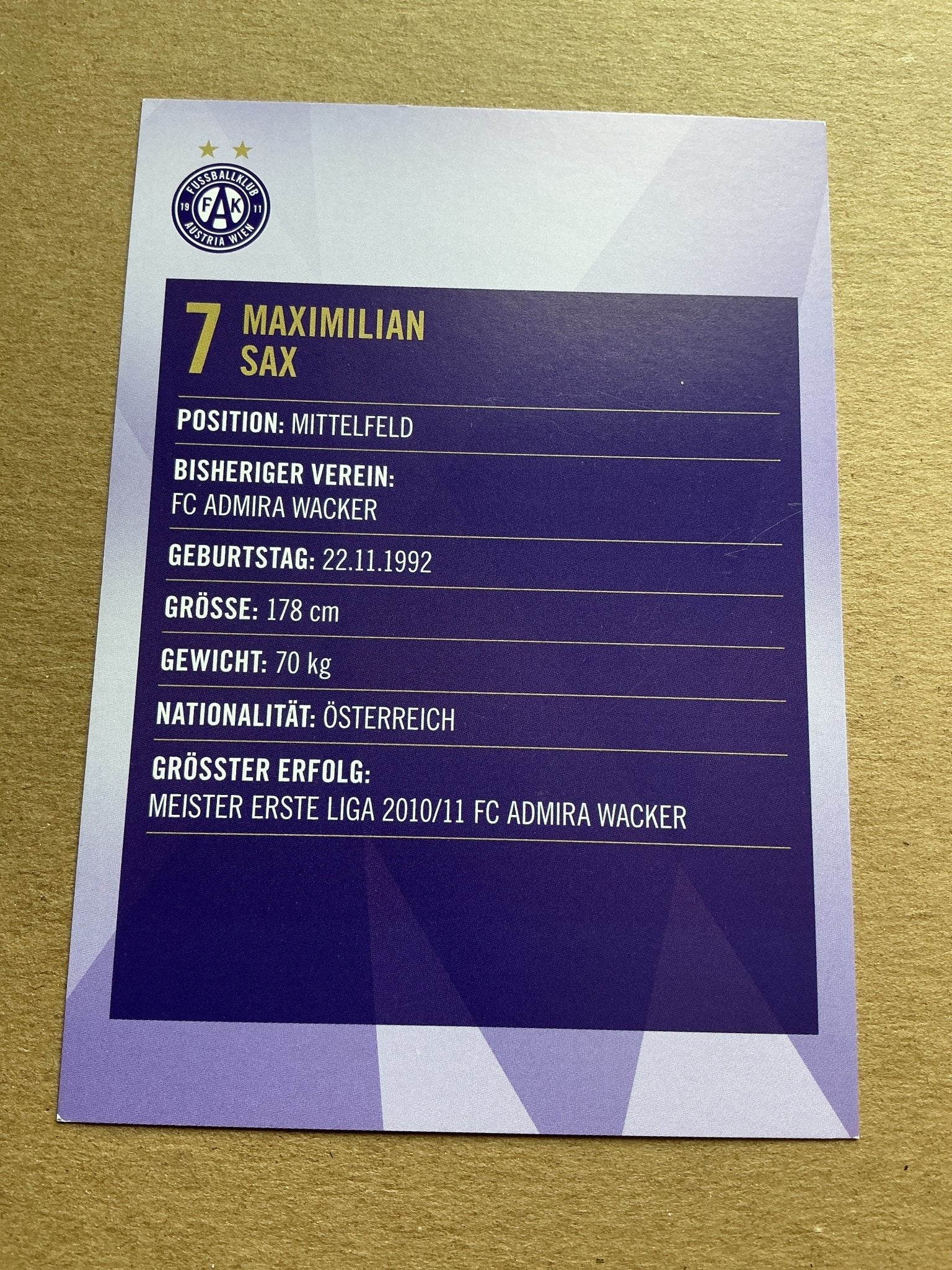 Maximilian Sax, Austria 🇦🇹 Austria Wien 2019/20 hand signed - Autographs-World