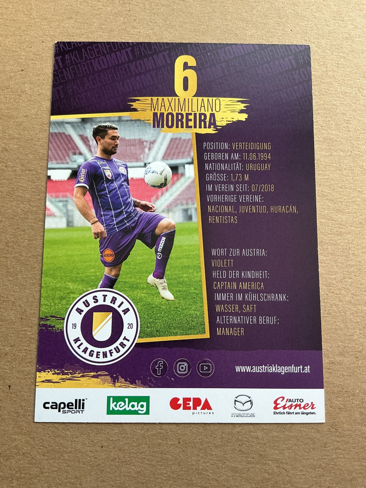 Maximiliano Moreira, Uruguay 🇺🇾 Austria Klagenfurt 2020/21 hand signed - Autographs-World