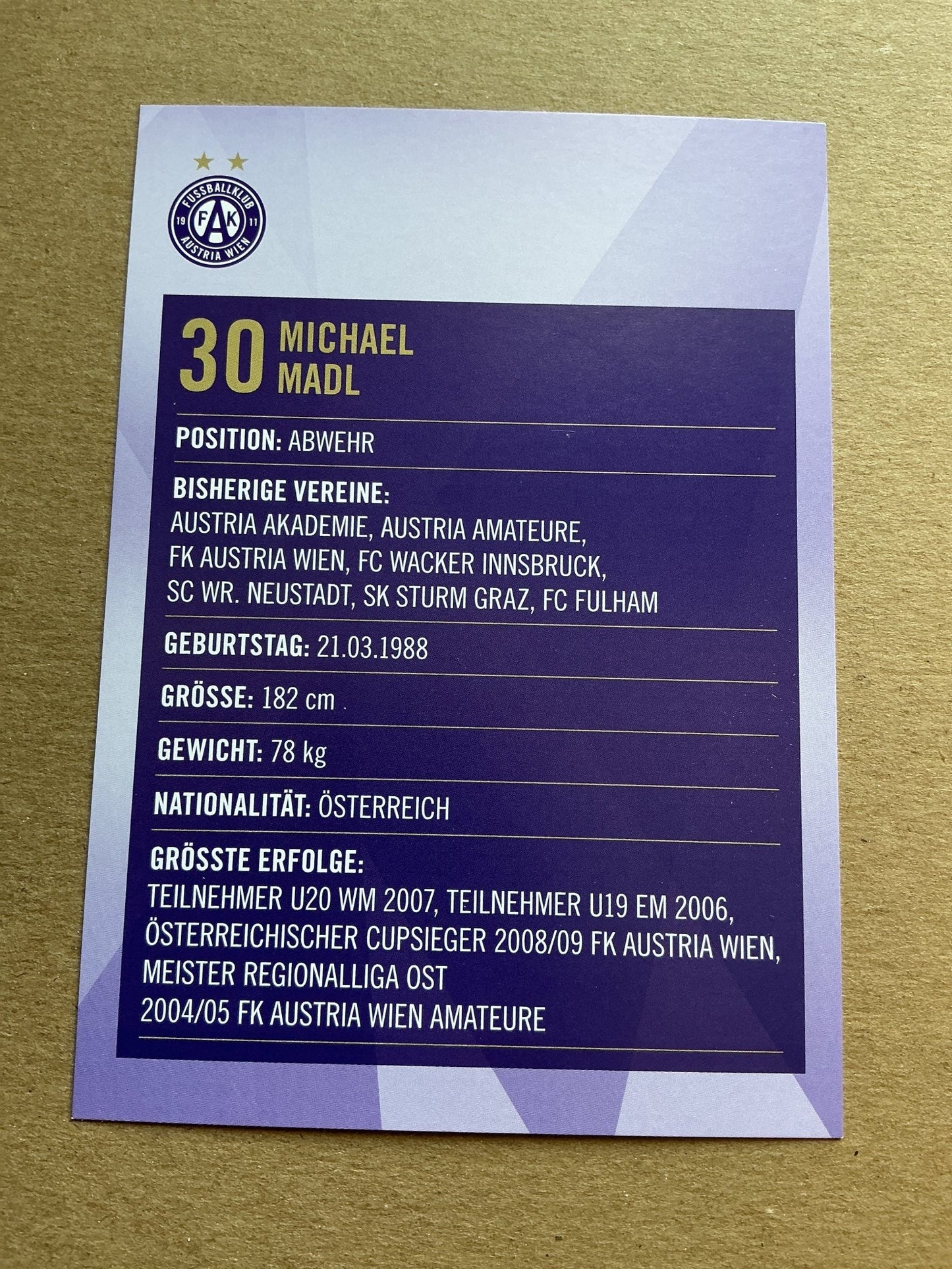 Michael Madl, Austria 🇦🇹 Austria Wien 2019/20 hand signed - Autographs-World