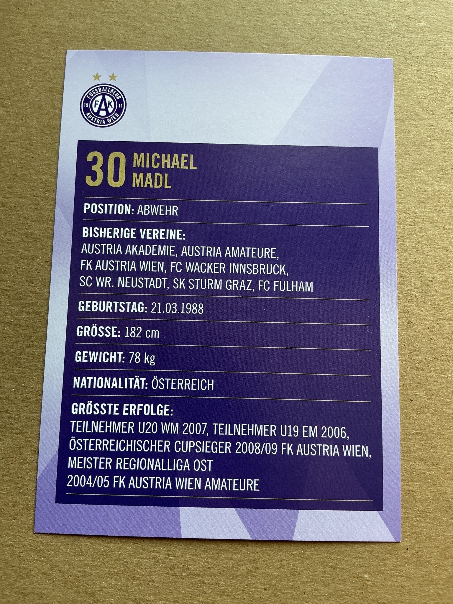 Michael Madl, Austria 🇦🇹 Austria Wien 2019/20 hand signed - Autographs-World