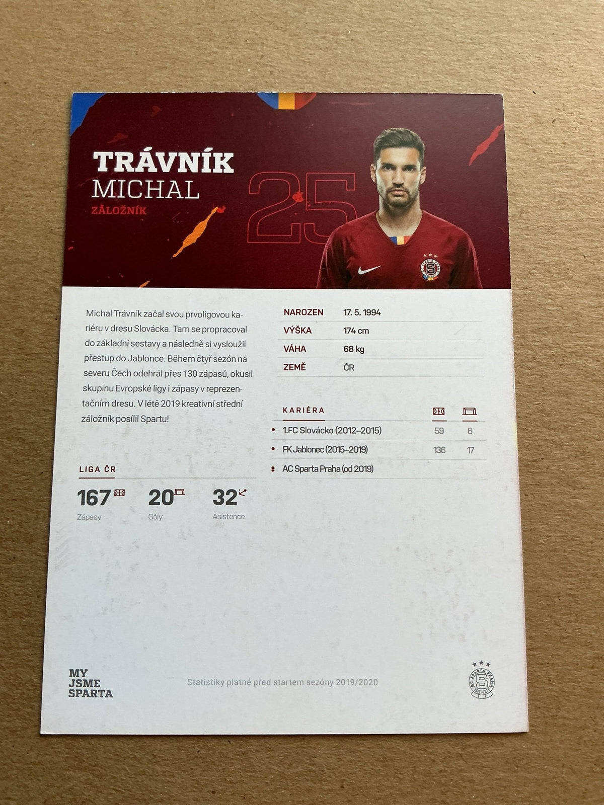 Michal Trávník, Czech Republic 🇨🇿 AC Sparta Prague 2019/20 hand signed - Autographs-World