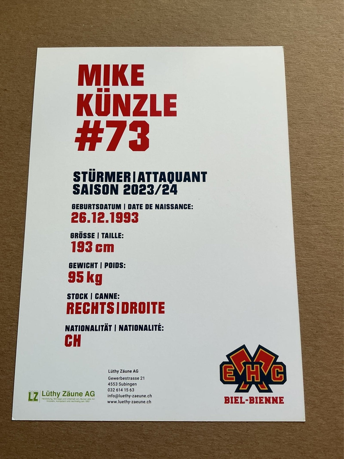 Mike Künzle, Switzerland 🇨🇭 EHC Biel-Bienne 2023/24 hand signed - Autographs-World