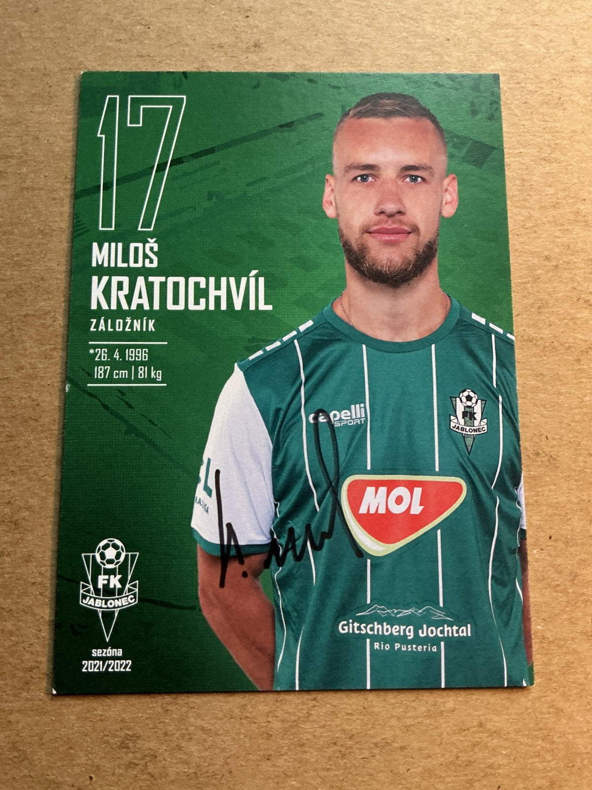 Miloš Kratochvíl, Czech Republic 🇨🇿 FK Jablonec 2021/22 hand signed - Autographs-World