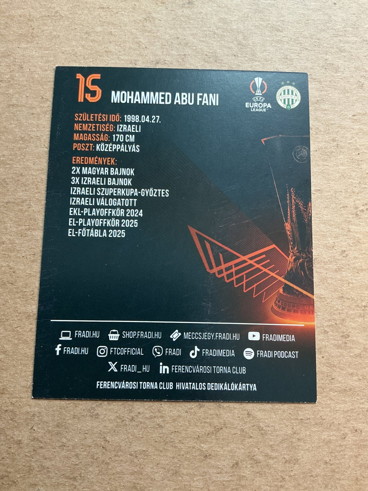Mohammed Abu Fani, Israel 🇮🇱 Ferencvaros 2025/26 hand signed - Autographs-World