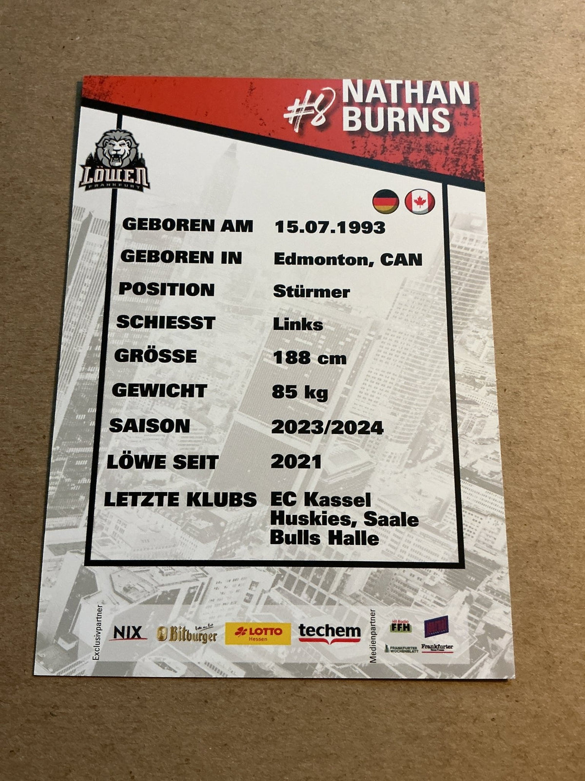 Nathan Burns, Canada 🇨🇦 Löwen Frankfurt 2023/24 hand signed - Autographs-World