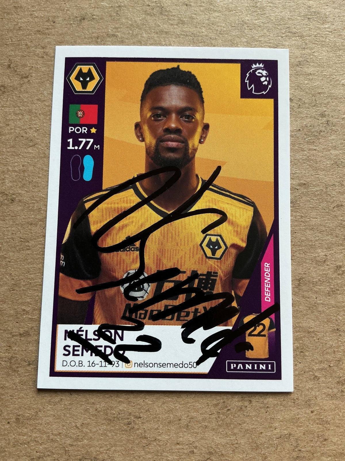 Nélson Semedo, Portugal 🇵🇹 Wolverhampton Wanderers 2021 Panini hand signed - Autographs-World