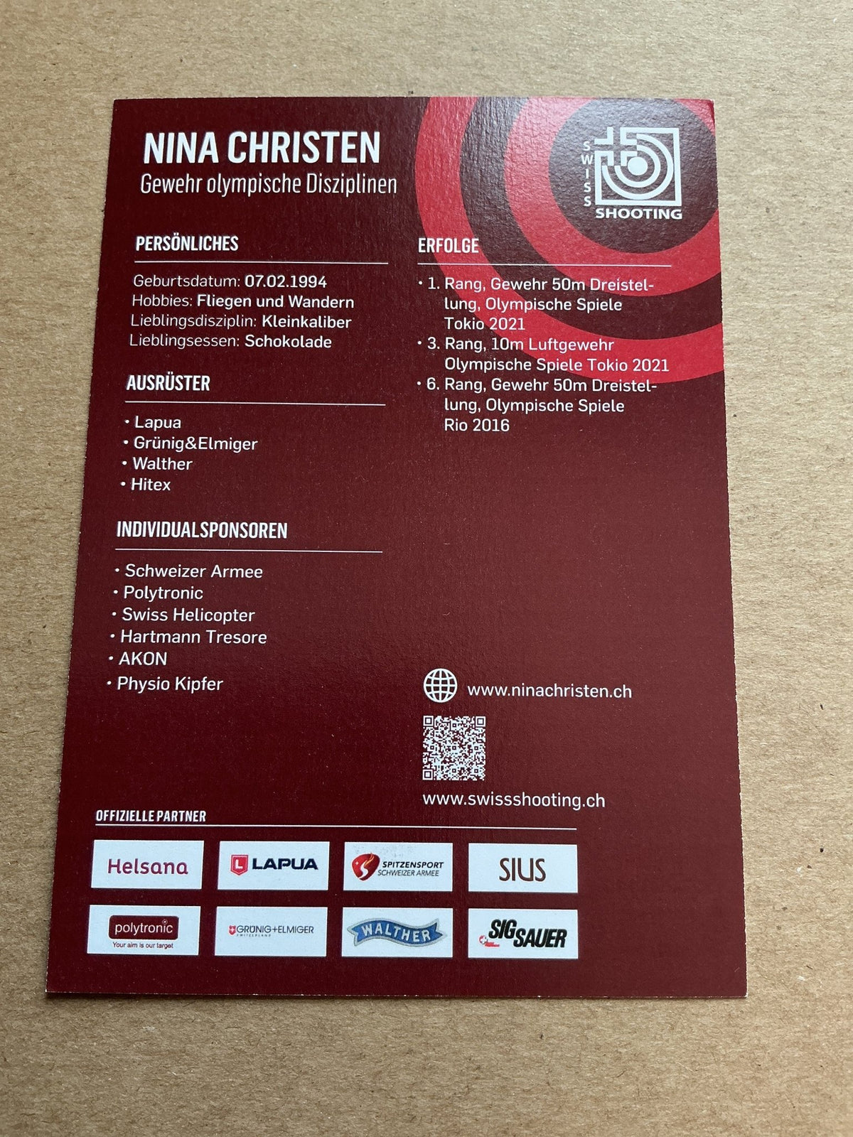 Nina Christen, Switzerland 🇨🇭 Shooting Summer Olympics 2024 hand signed - Autographs-World