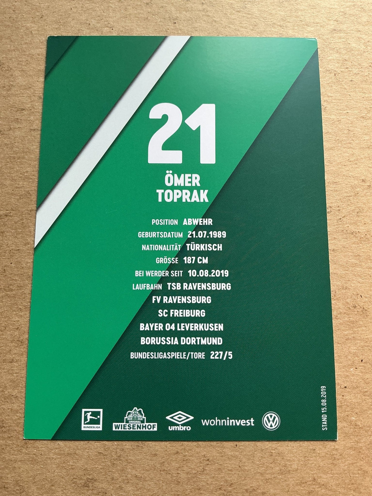 Ömer Toprak, Türkiye 🇹🇷 SV Werder Bremen 2019/20 hand signed - Autographs-World