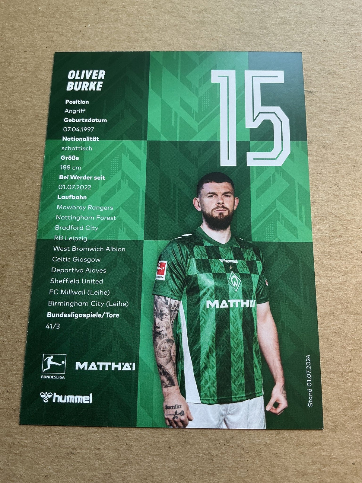 Oliver Burke, Scotland 🏴󠁧󠁢󠁳󠁣󠁴󠁿 SV Werder Bremen 2024/25 hand signed - Autographs-World