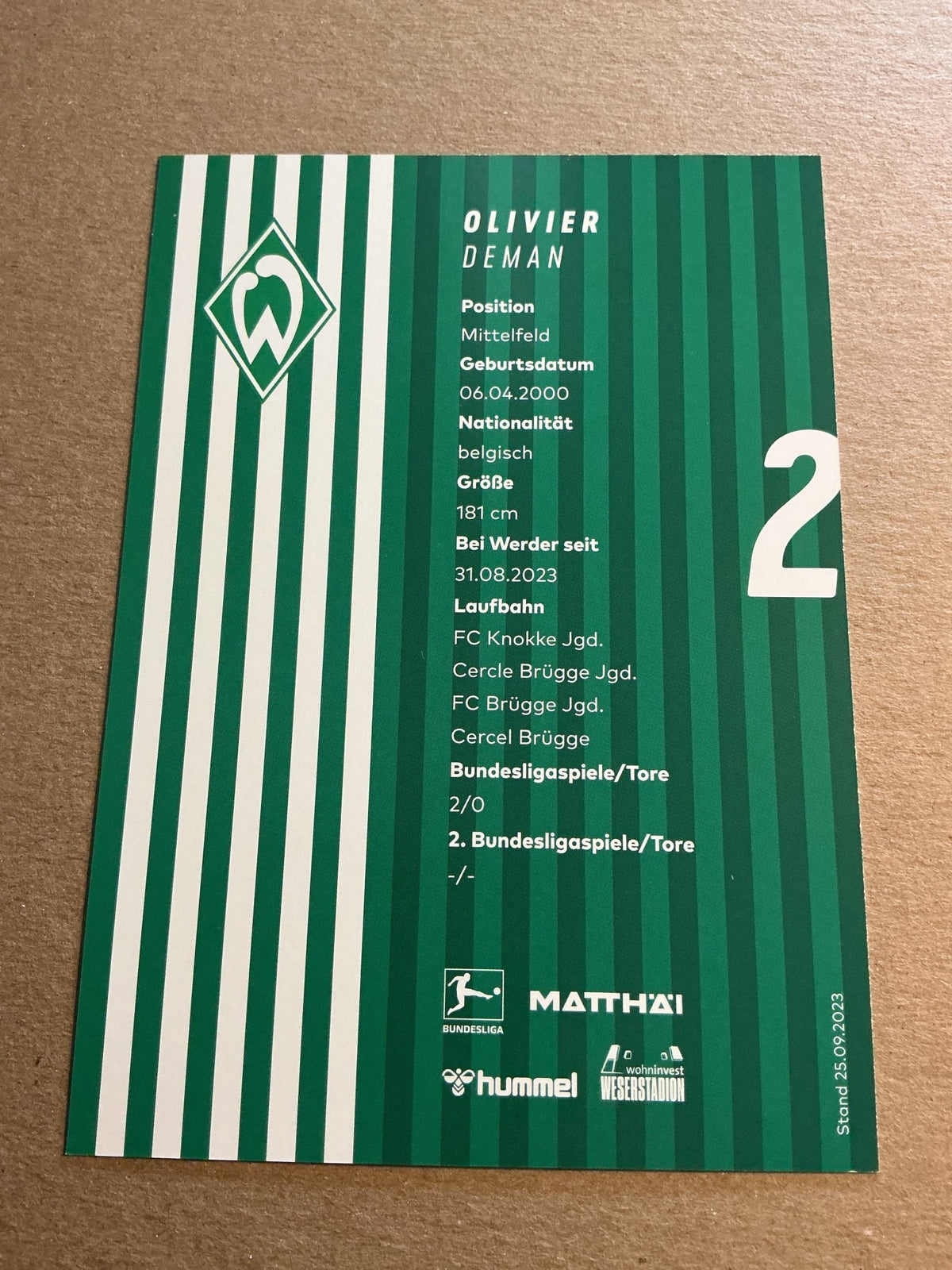 Olivier Deman, Belgium 🇧🇪 SV Werder Bremen 2023/24 hand signed - Autographs-World