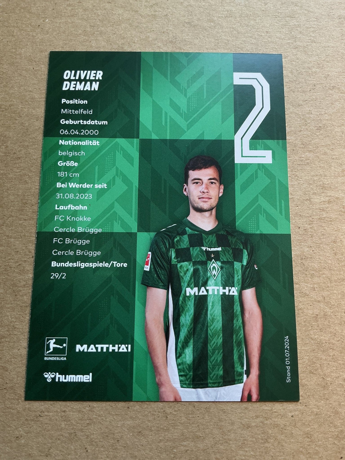Olivier Deman, Belgium 🇧🇪 SV Werder Bremen 2024/25 hand signed - Autographs-World