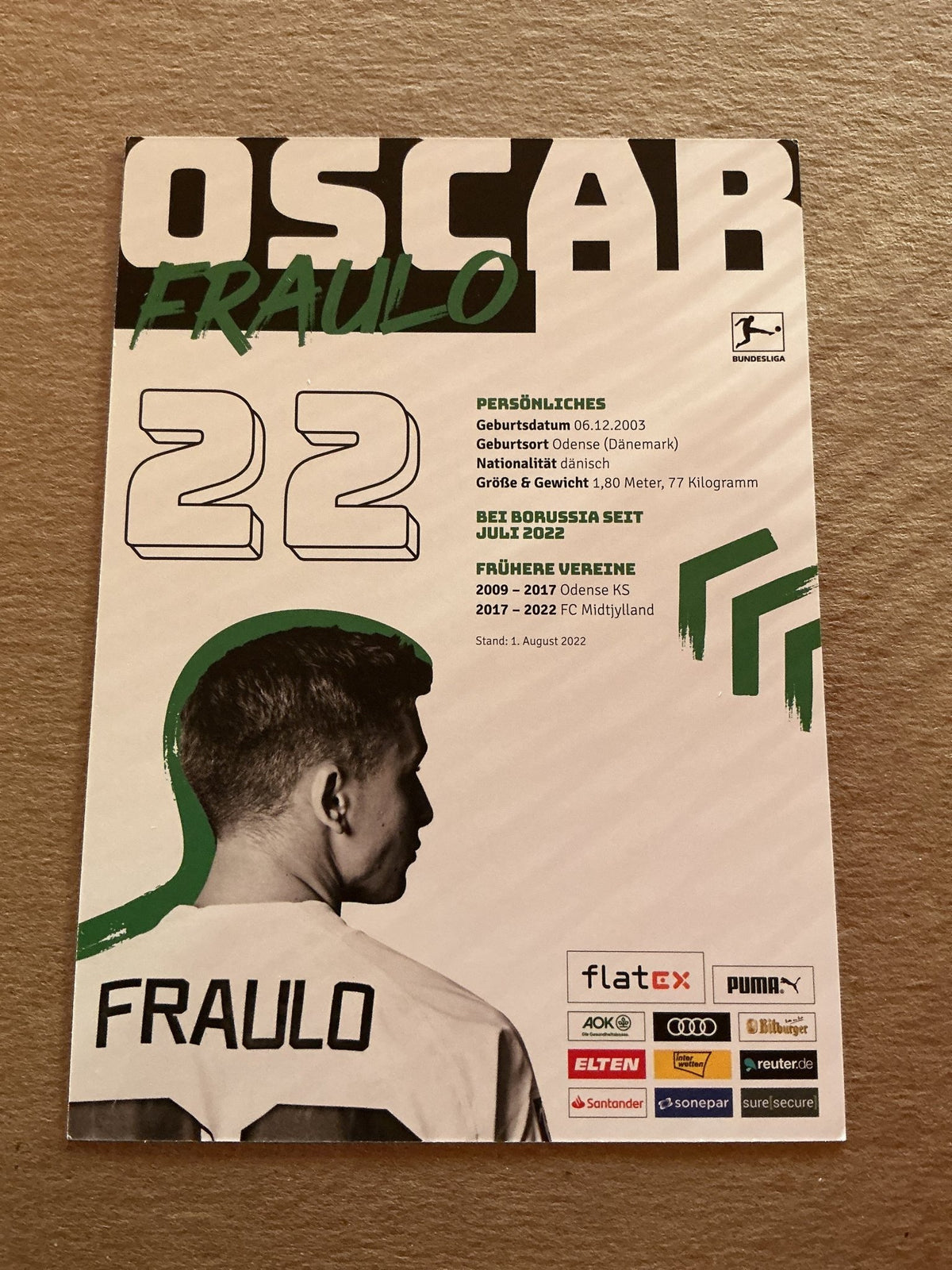Oscar Fraulo, Denmark 🇩🇰 Borussia Mönchengladbach 2022/23 hand signed - Autographs-World
