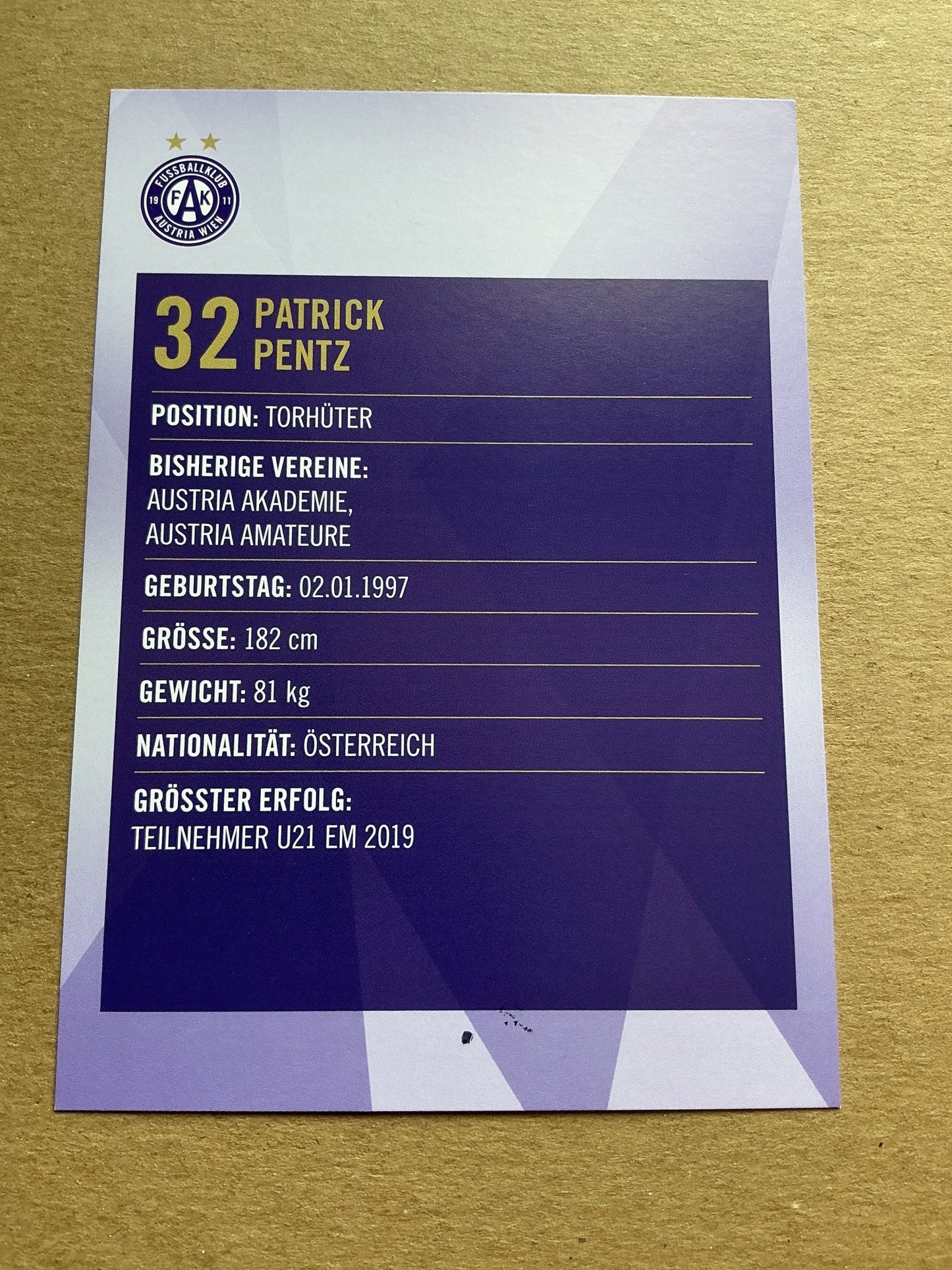 Patrick Pentz, Austria 🇦🇹 Austria Wien 2019/20 hand signed - Autographs-World