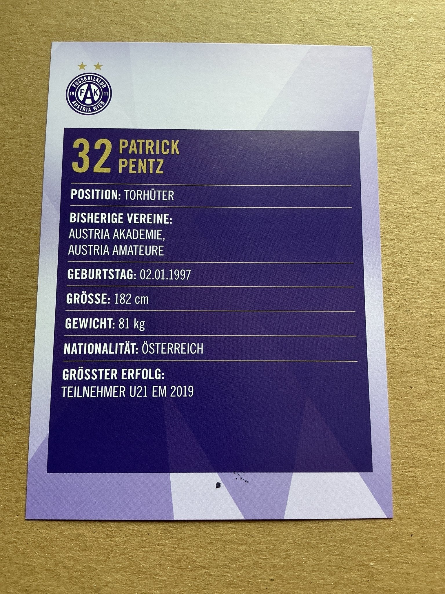 Patrick Pentz, Austria 🇦🇹 Austria Wien 2019/20 hand signed - Autographs-World
