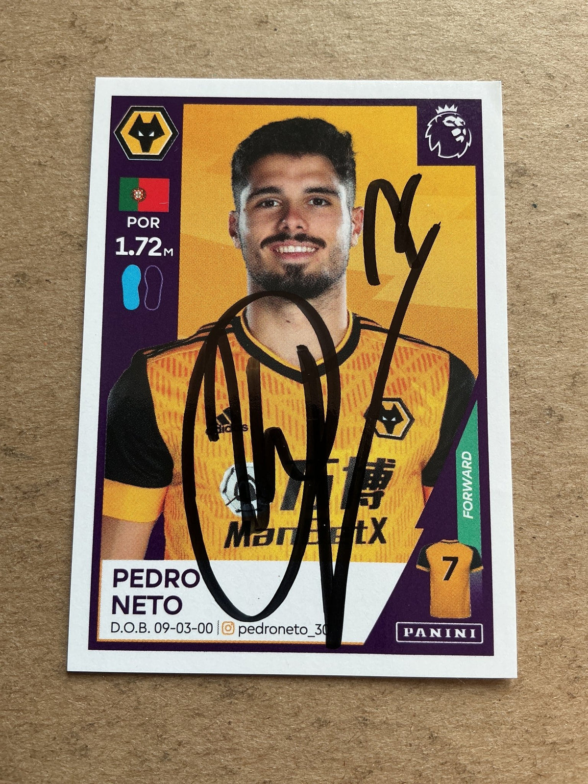 Pedro Neto, Portugal 🇵🇹 Wolverhampton Wanderers 2021 Panini hand signed - Autographs-World