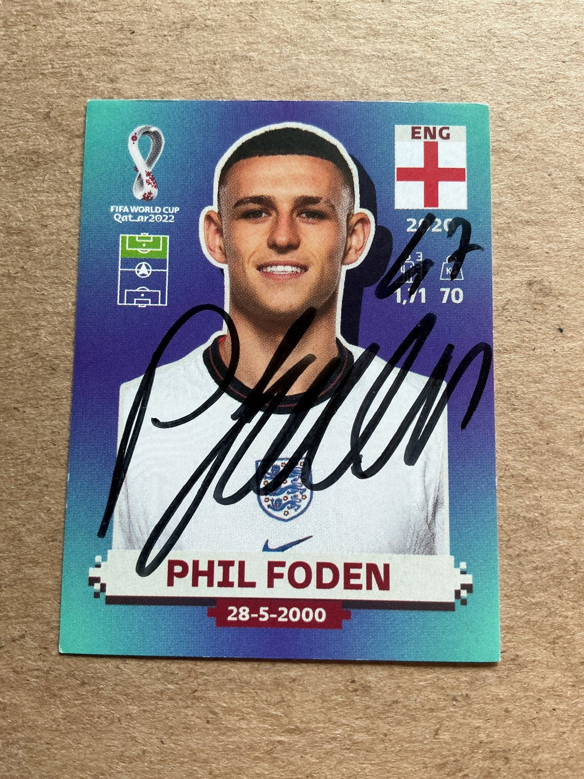 Phil Foden, England 🏴󠁧󠁢󠁥󠁮󠁧󠁿 FIFA World Cup 2022 Panini hand signed - Autographs-World