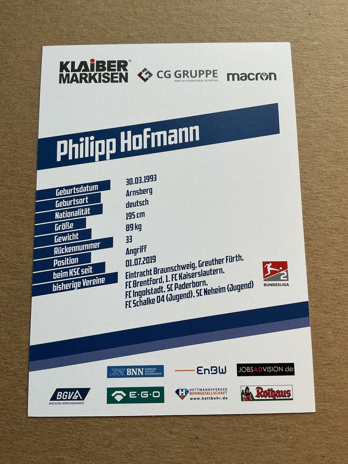 Philipp Hofmann, Germany 🇩🇪 Karlsruher SC 2019/20 hand signed - Autographs-World