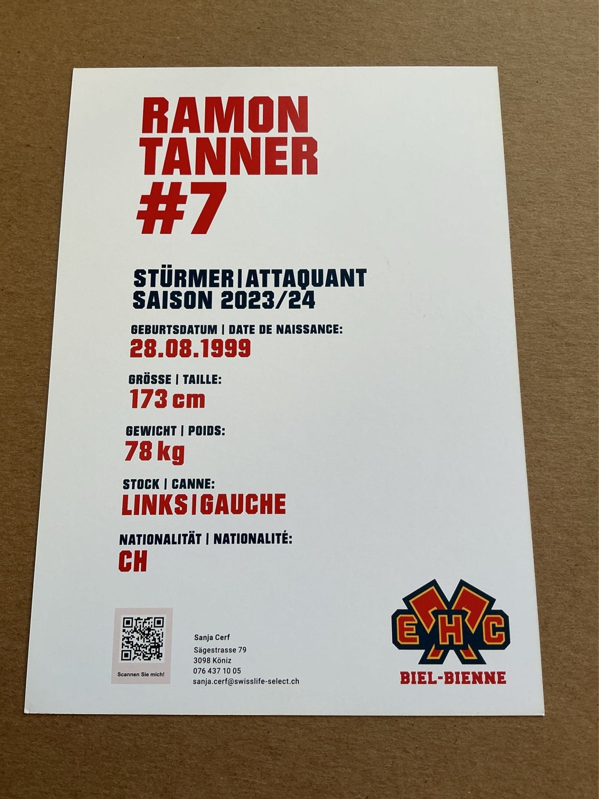 Ramon Tanner, Switzerland 🇨🇭 EHC Biel-Bienne 2023/24 hand signed - Autographs-World