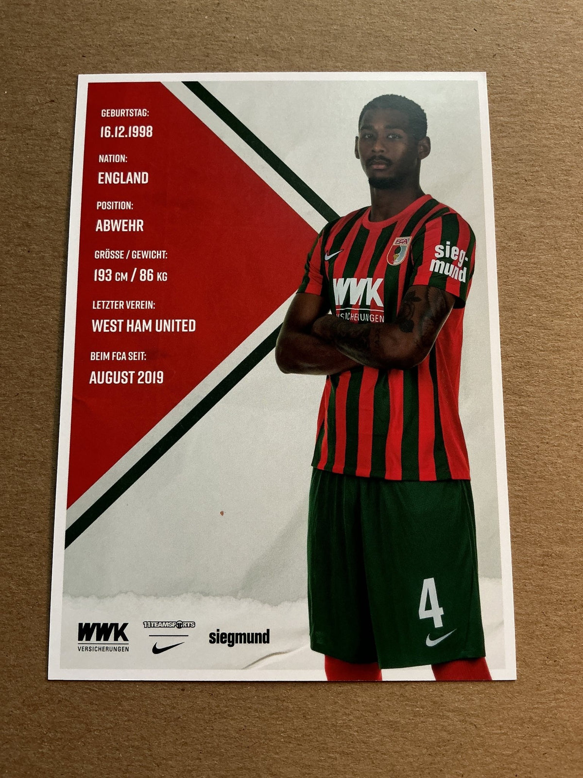 Reece Oxford, England 🏴󠁧󠁢󠁥󠁮󠁧󠁿 FC Augsburg 2021/22 hand signed - Autographs-World