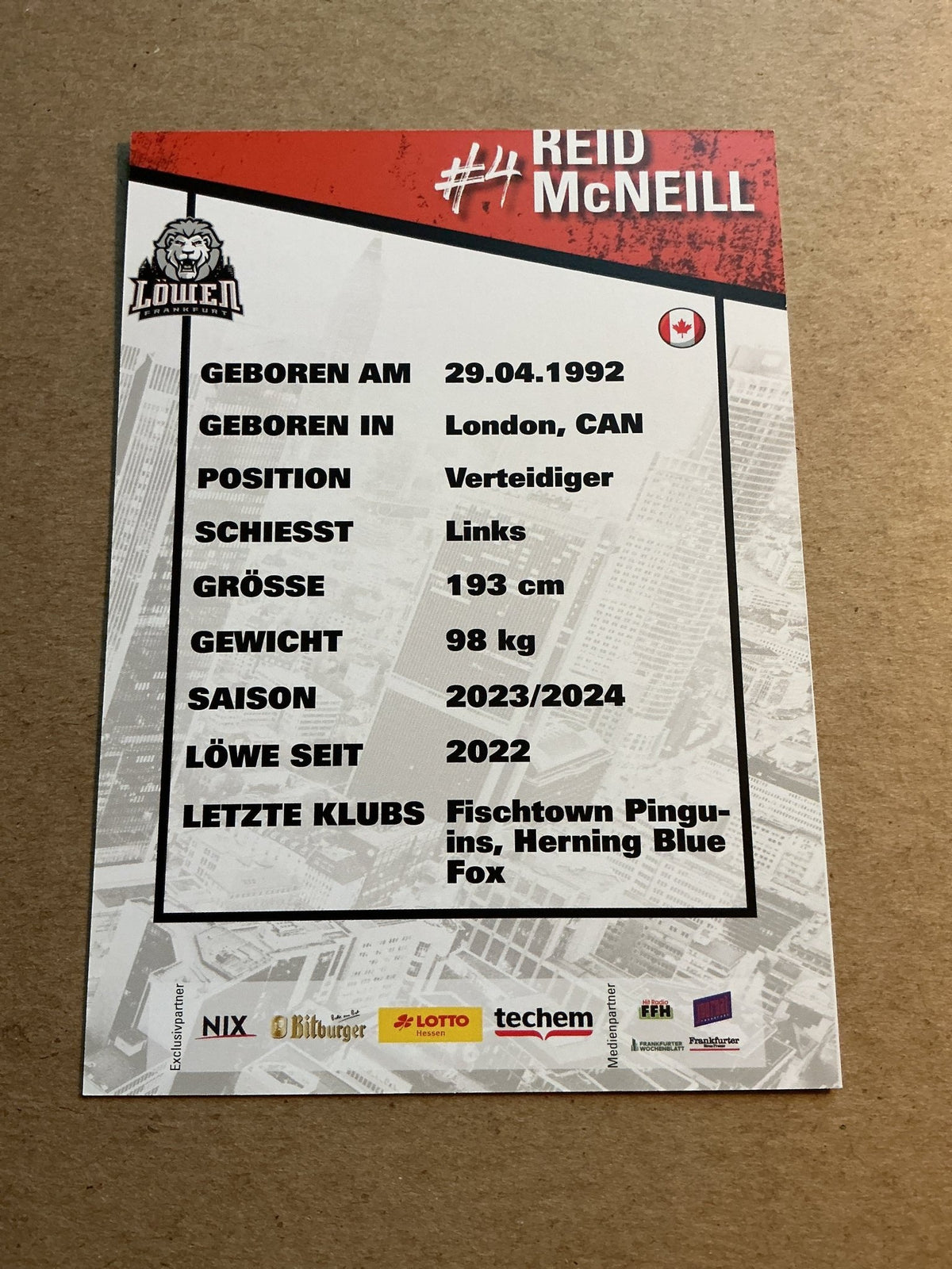 Reid McNeill, Canada 🇨🇦 Löwen Frankfurt 2023/24 hand signed - Autographs-World