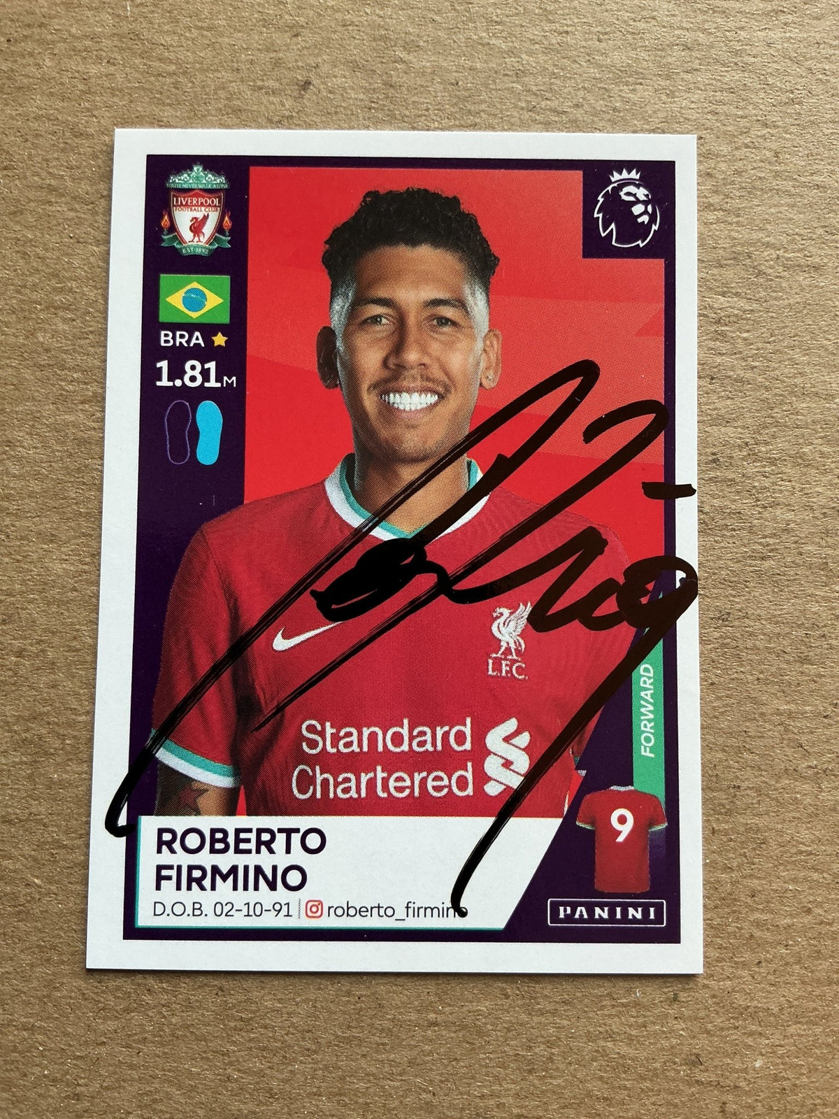 Roberto Firmino, Brazil 🇧🇷 Liverpool FC 2021 Panini hand signed - Autographs-World