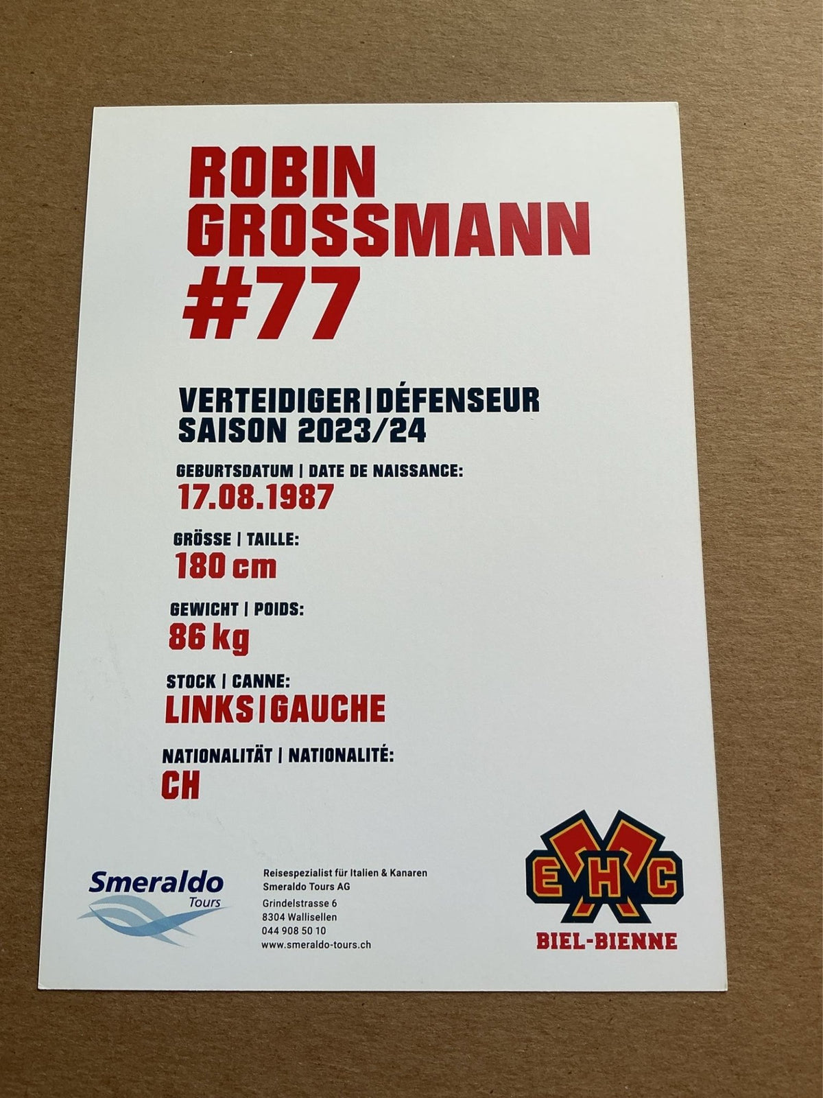 Robin Grossmann, Switzerland 🇨🇭 EHC Biel-Bienne 2023/24 hand signed - Autographs-World