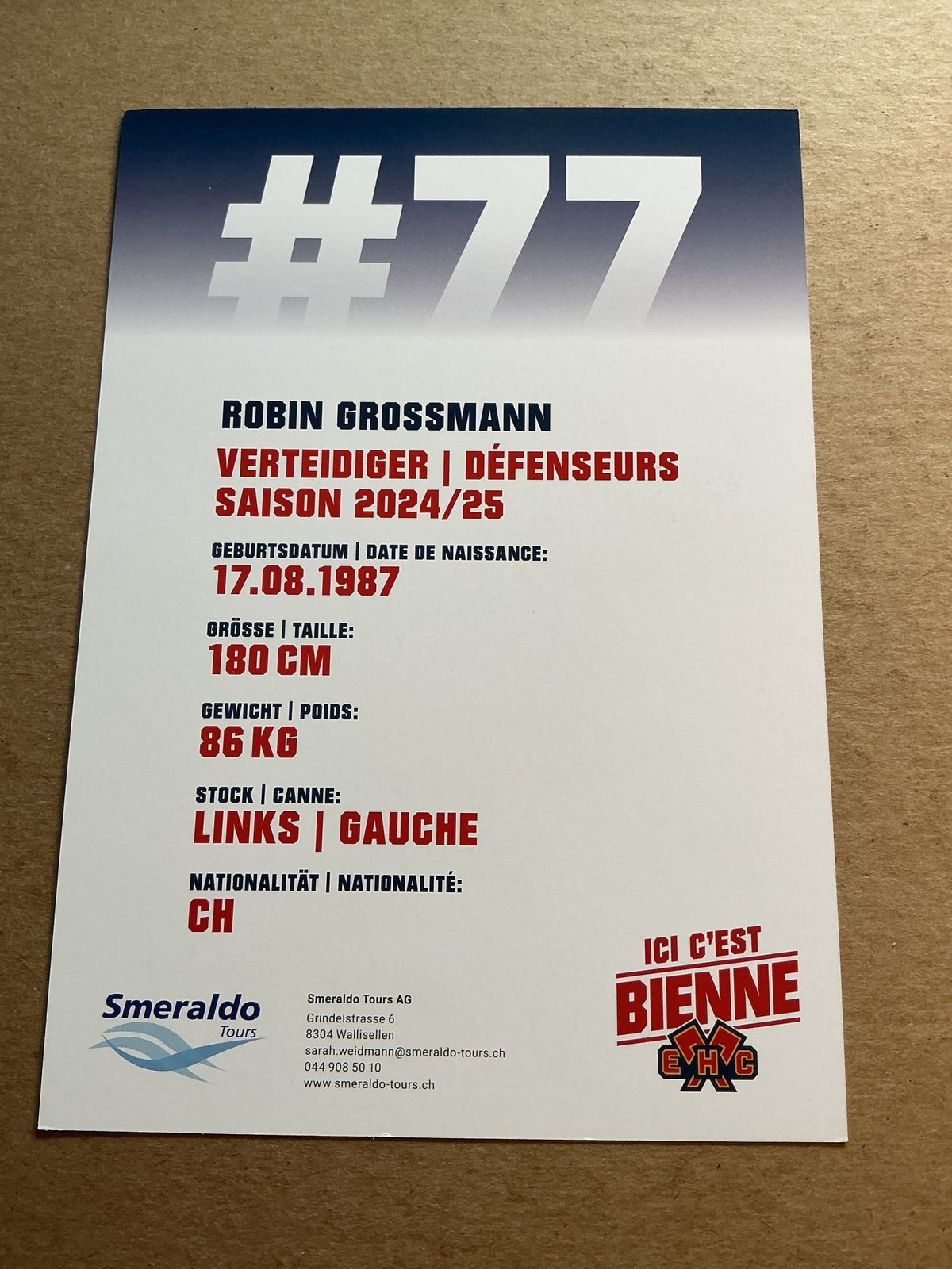 Robin Grossmann, Switzerland 🇨🇭 EHC Biel-Bienne 2024/25 hand signed - Autographs-World