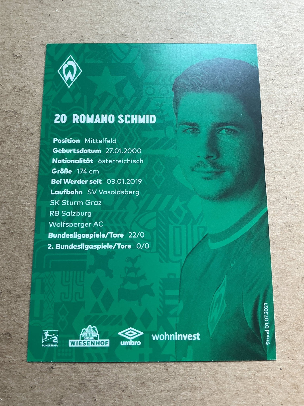 Romano Schmid, Austria 🇦🇹 SV Werder Bremen 2021/22 hand signed - Autographs-World