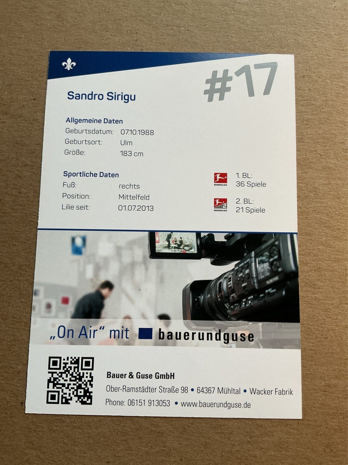 Sandro Sirigu, Germany 🇩🇪 SV Darmstadt 98 2017/18 hand signed - Autographs-World