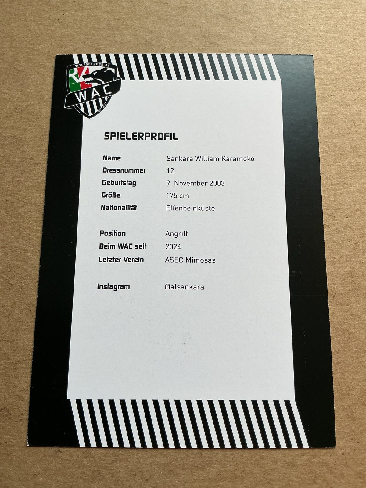Sankara William Karamoko, Ivory Coast 🇨🇮 Wolfsberger AC 2023/24 hand signed - Autographs-World