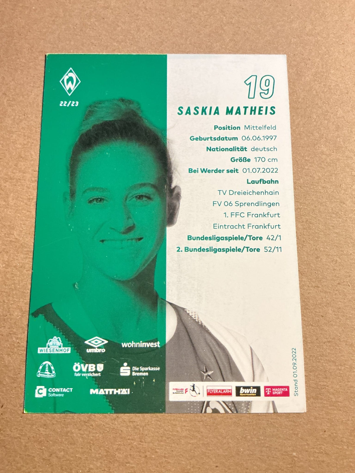 Saskia Matheis, Germany 🇩🇪 SV Werder Bremen 2022/23 hand signed - Autographs-World