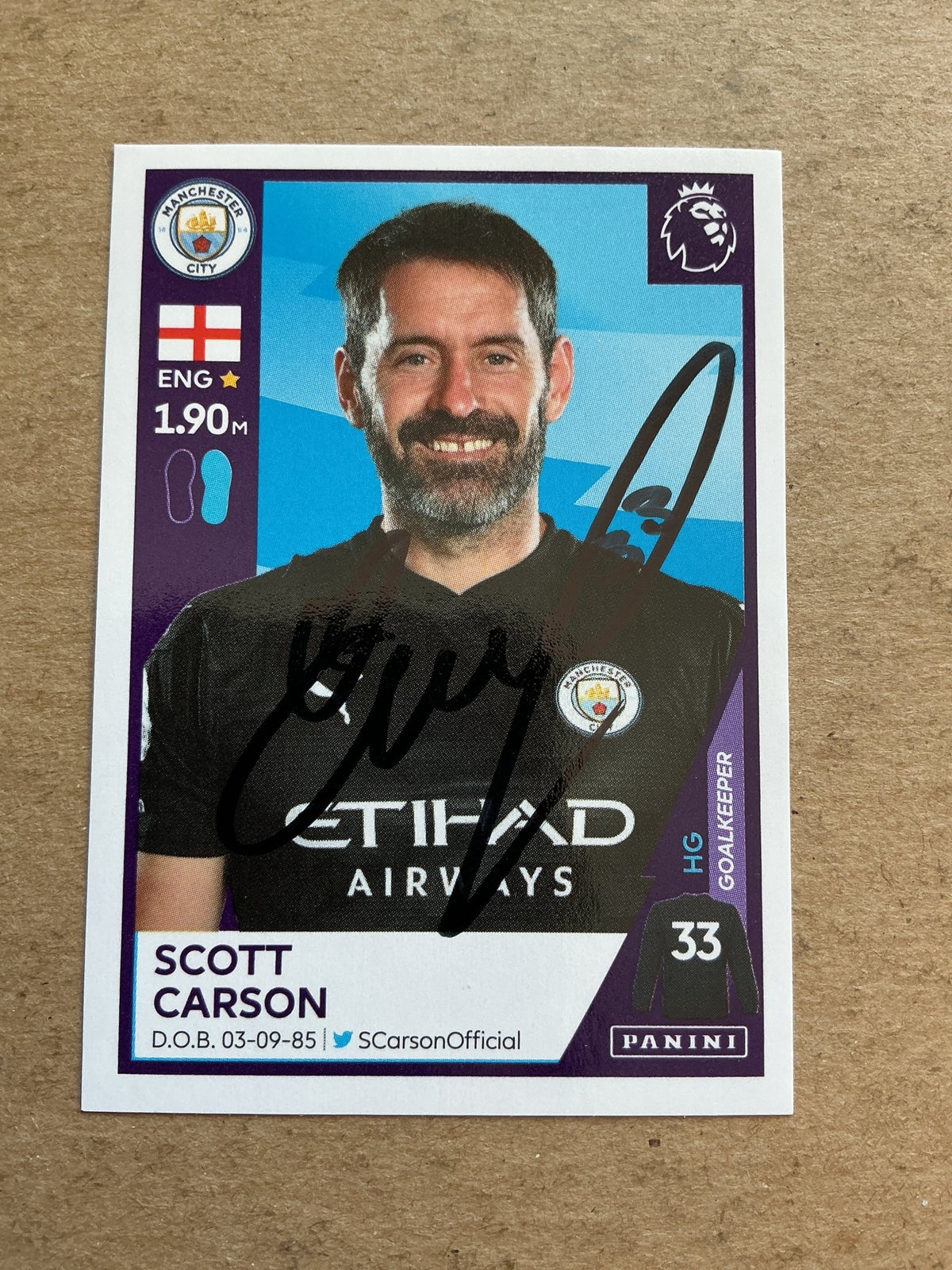 Scott Carson, England 🏴󠁧󠁢󠁥󠁮󠁧󠁿 Manchester City 2021 Panini hand signed - Autographs-World
