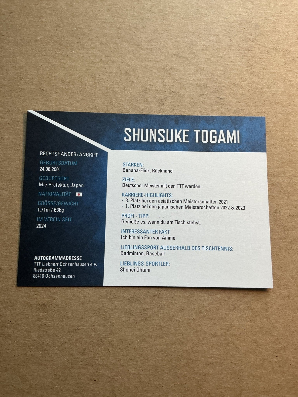 Shunsuke Togami, Japan 🇯🇵 Table Tennis Summer Olympics 2024 hand signed - Autographs-World