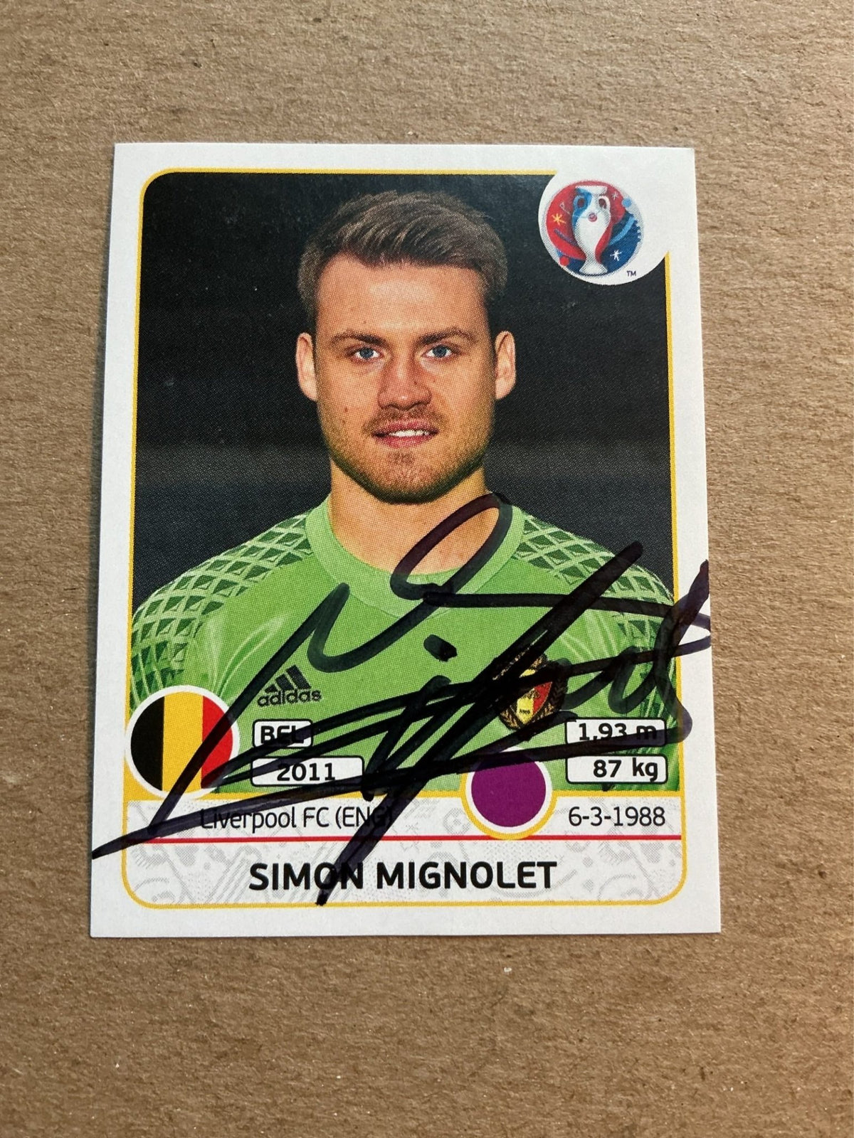 Simon Mignolet, Belgium 🇧🇪 UEFA Euro 2016 Panini hand signed - Autographs-World