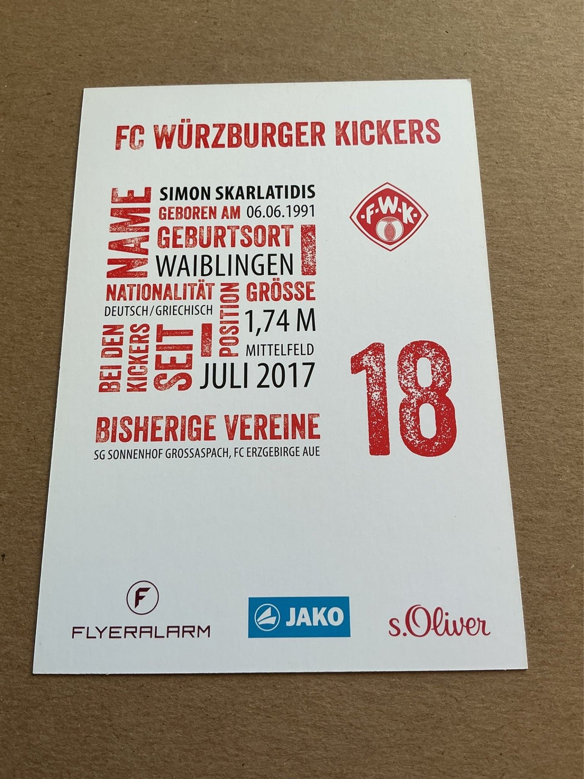 Simon Skarlatidis, Germany 🇩🇪 FC Würzburger Kickers 2017/18 hand signed - Autographs-World