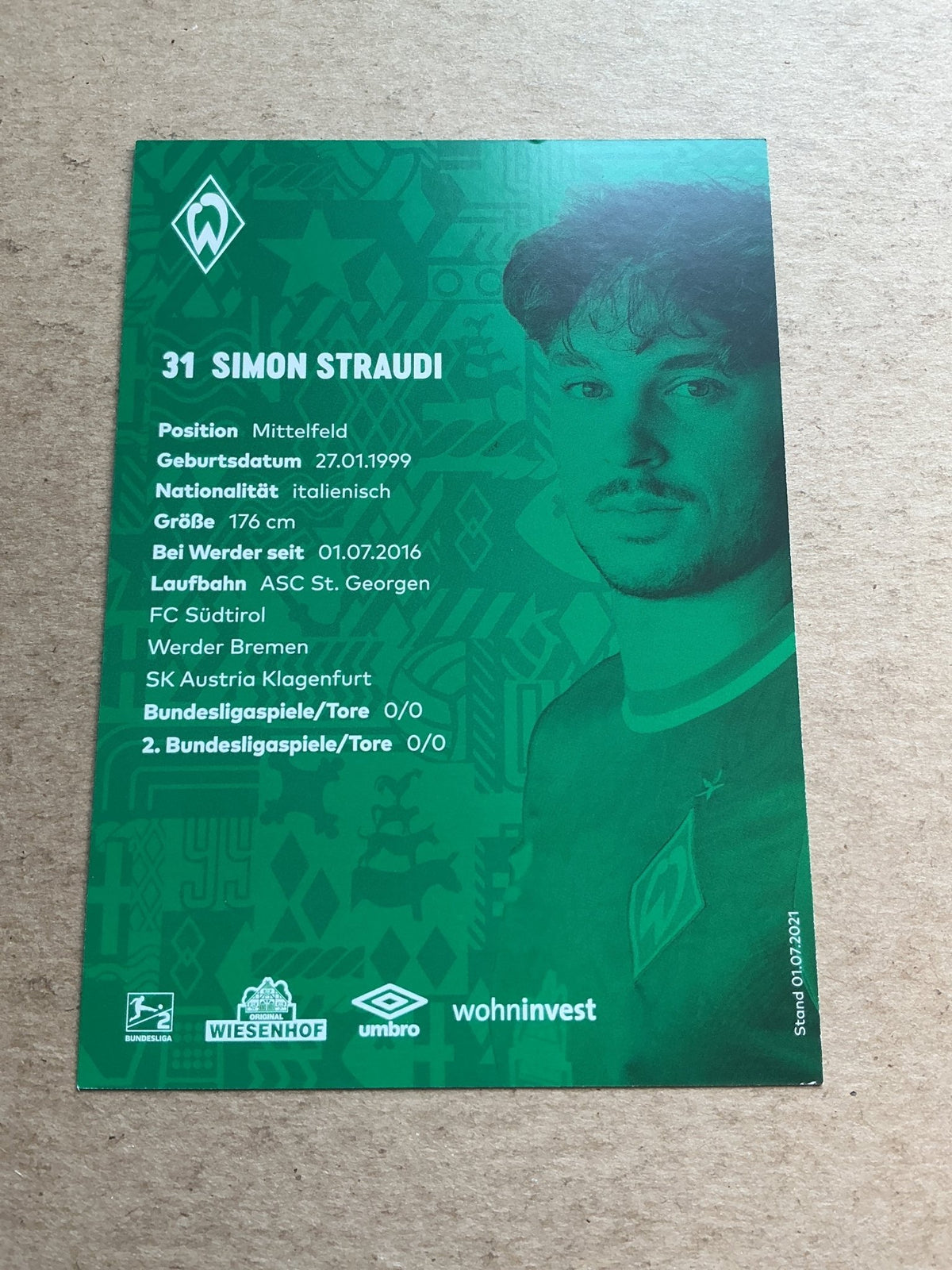 Simon Straudi, Italy 🇮🇹 SV Werder Bremen 2021/22 hand signed - Autographs-World