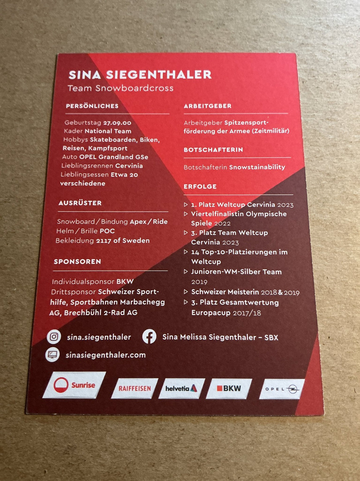 Sina Siegenthaler, Switzerland 🇨🇭 Snowboard Winter Sports 2024/25 hand signed - Autographs-World