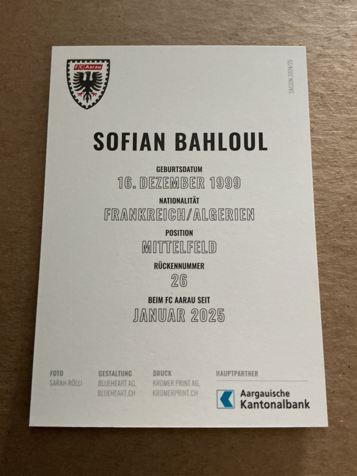 Sofian Bahloul, France 🇫🇷 FC Aarau 2024/25 hand signed - Autographs-World