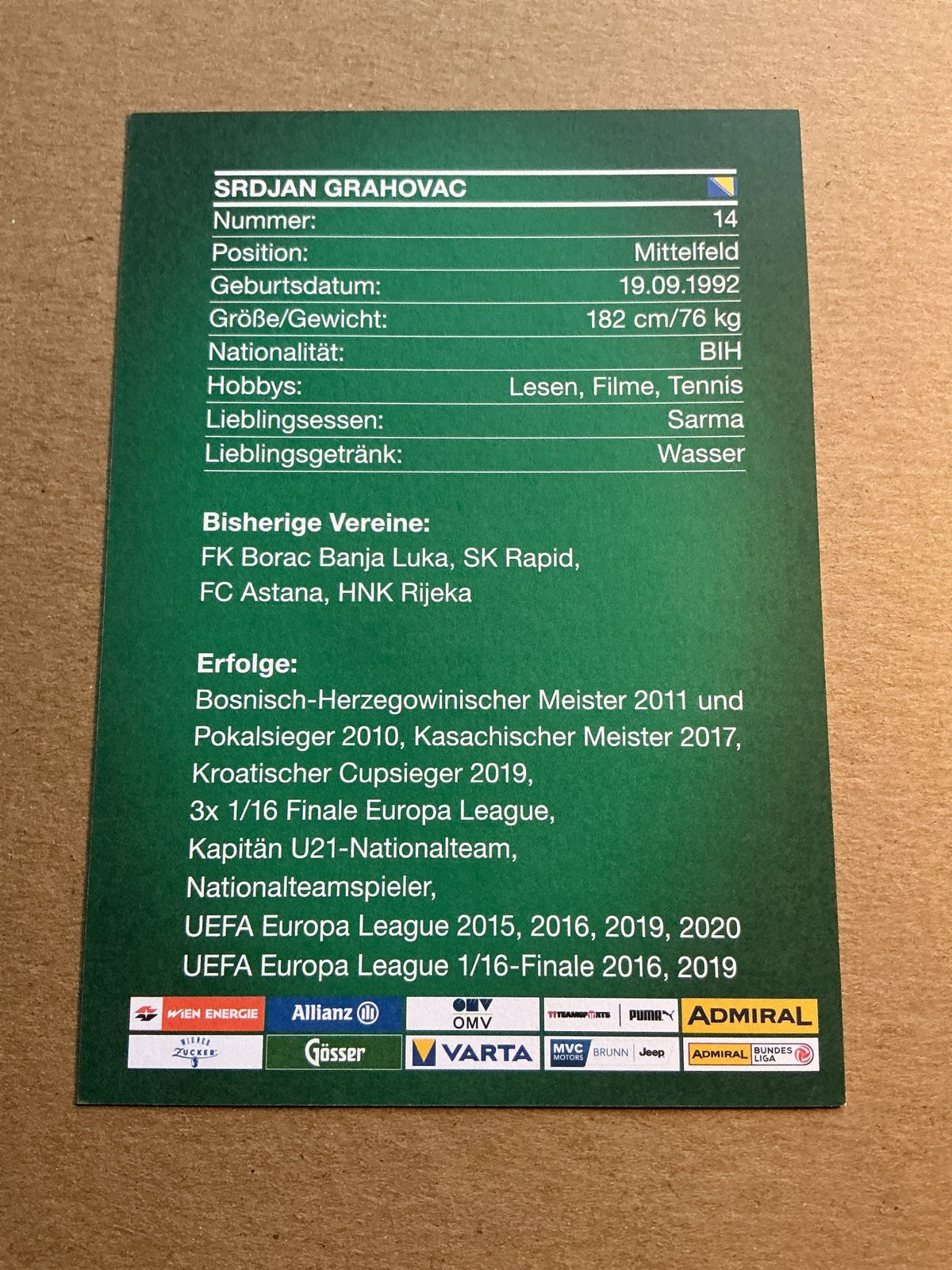 Srdjan Grahovac, Bosnia 🇧🇦 Rapid Wien 2021/22 hand signed - Autographs-World