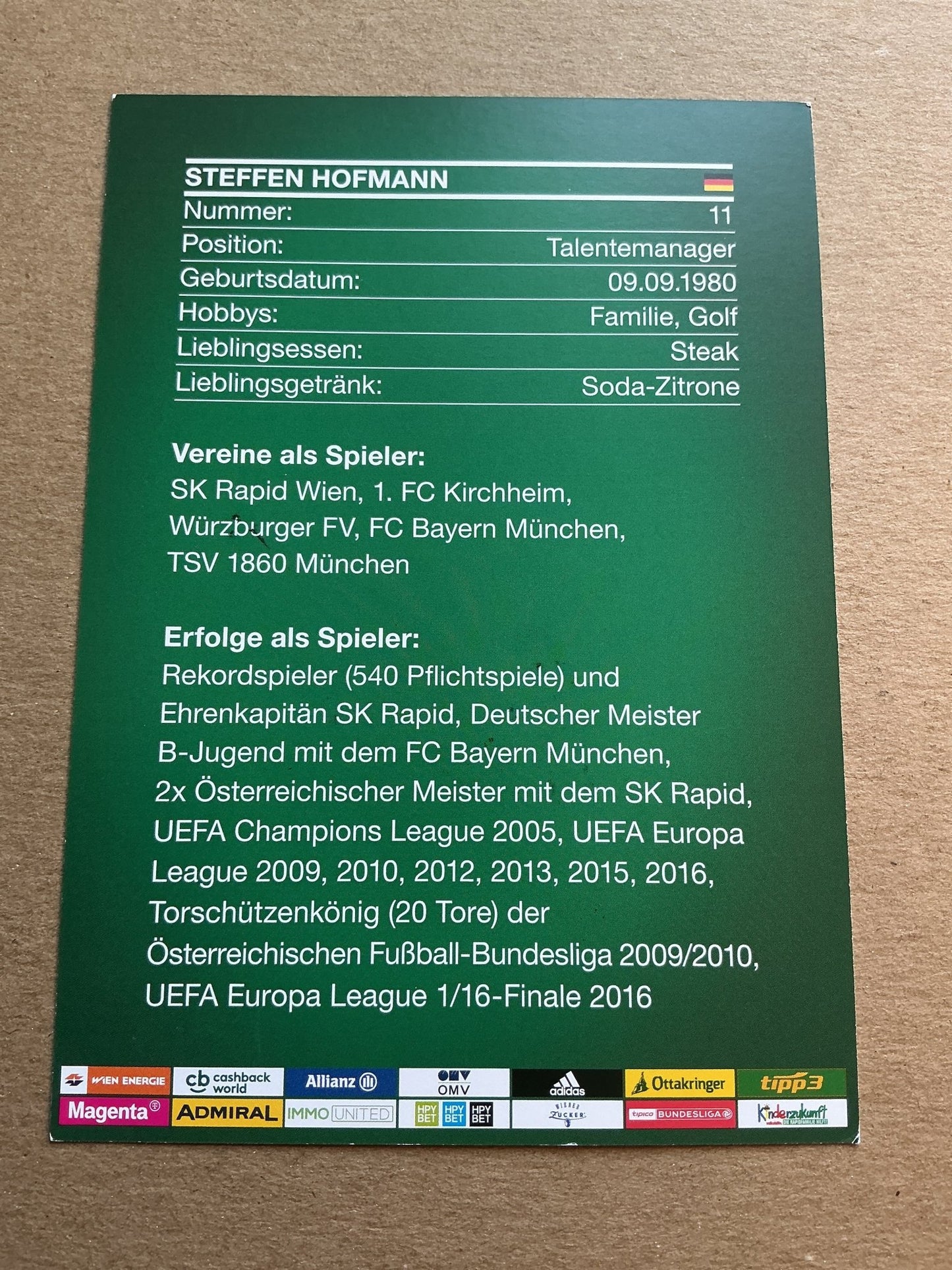 Steffen Hofmann, Germany 🇩🇪 Rapid Wien 2019/20 hand signed - Autographs-World
