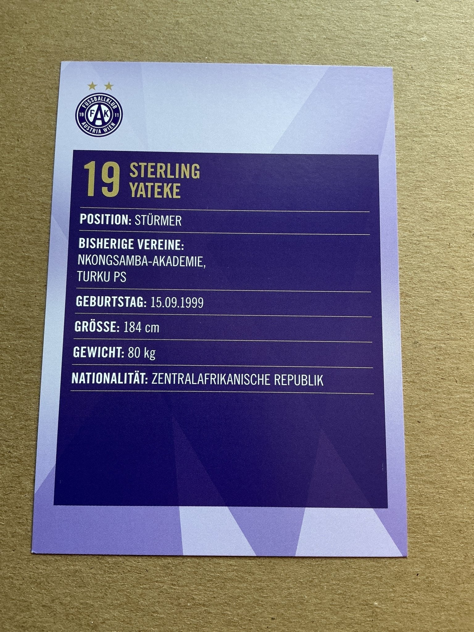 Sterling Yateke, Central African Republic 🇨🇫 Austria Wien 2019/20 hand signed - Autographs-World