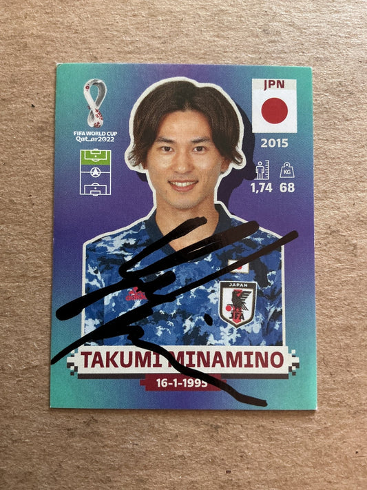 Takumi Minamino, Japan 🇯🇵 FIFA World Cup 2022 Panini hand signed - Autographs-World