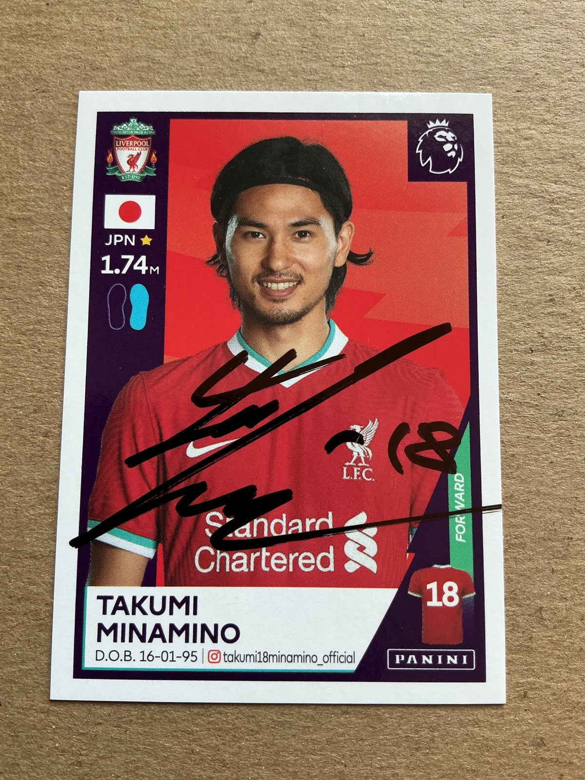 Takumi Minamino, Japan 🇯🇵 Liverpool FC 2021 Panini hand signed - Autographs-World