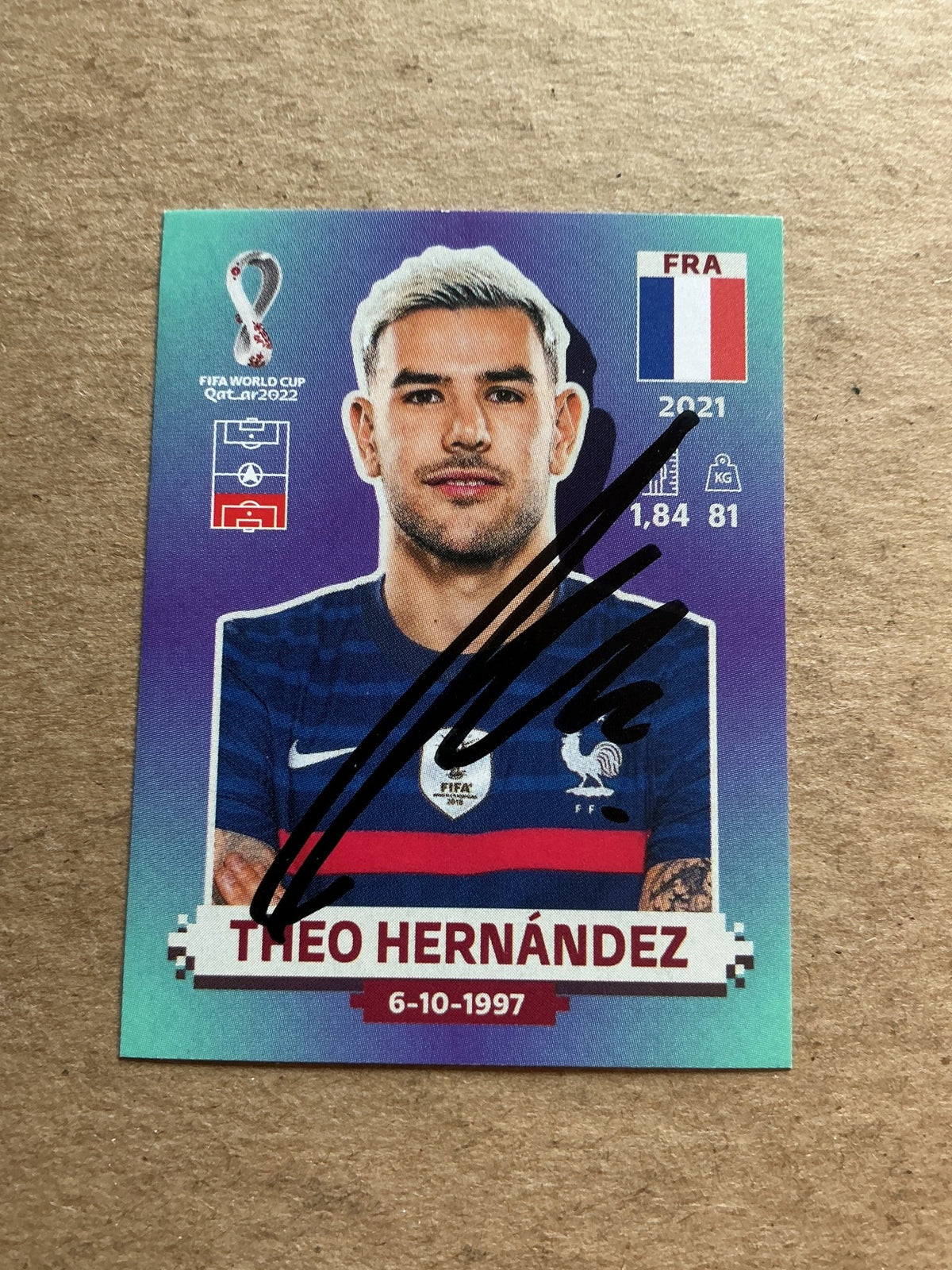Theo Hernandez, France 🇫🇷 FIFA World Cup 2022 Panini hand signed - Autographs-World