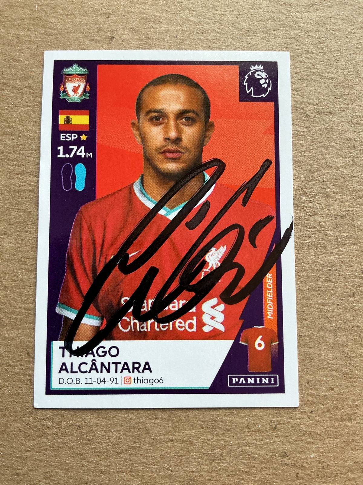 Thiago Alcântara, Spain 🇪🇸 Liverpool FC 2021 Panini hand signed - Autographs-World